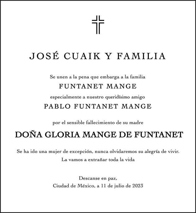 Se Ora Gloria Mange De Funtanet Obituario Esquela