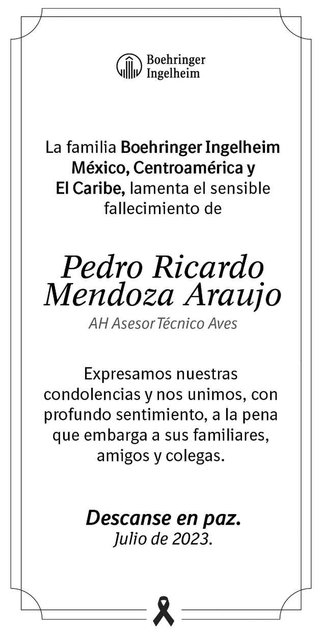 Señor Pedro Ricardo Mendoza Araujo Obituario Esquela