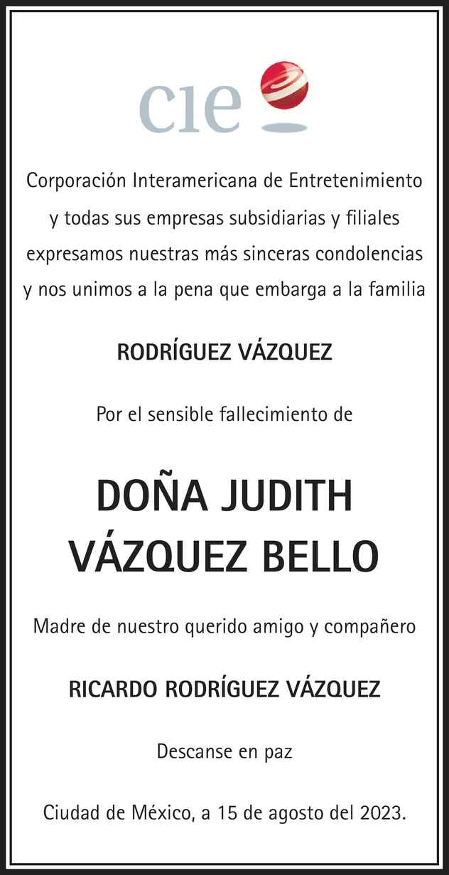 Doña Judith Vázquez Bello Obituario Esquela