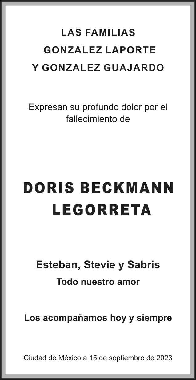 Señora Doris Beckmann Legorreta Obituario Esquela