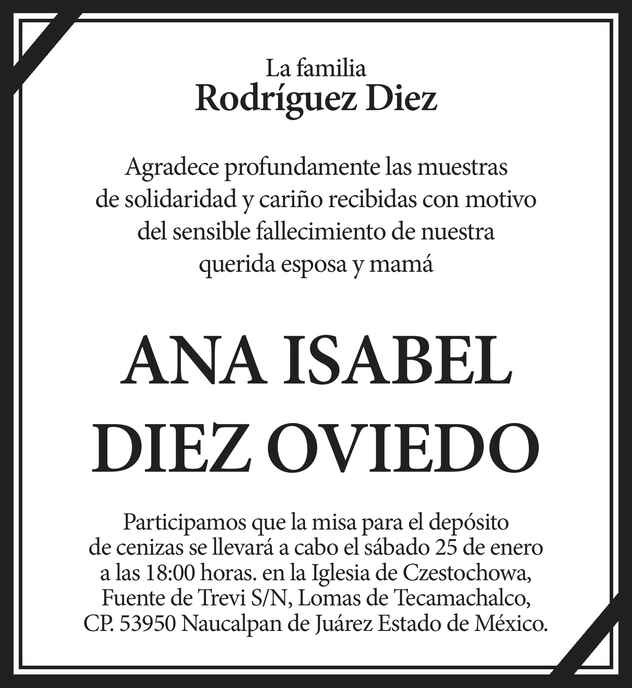 Señora Ana Isabel Diez Oviedo Obituario Esquela