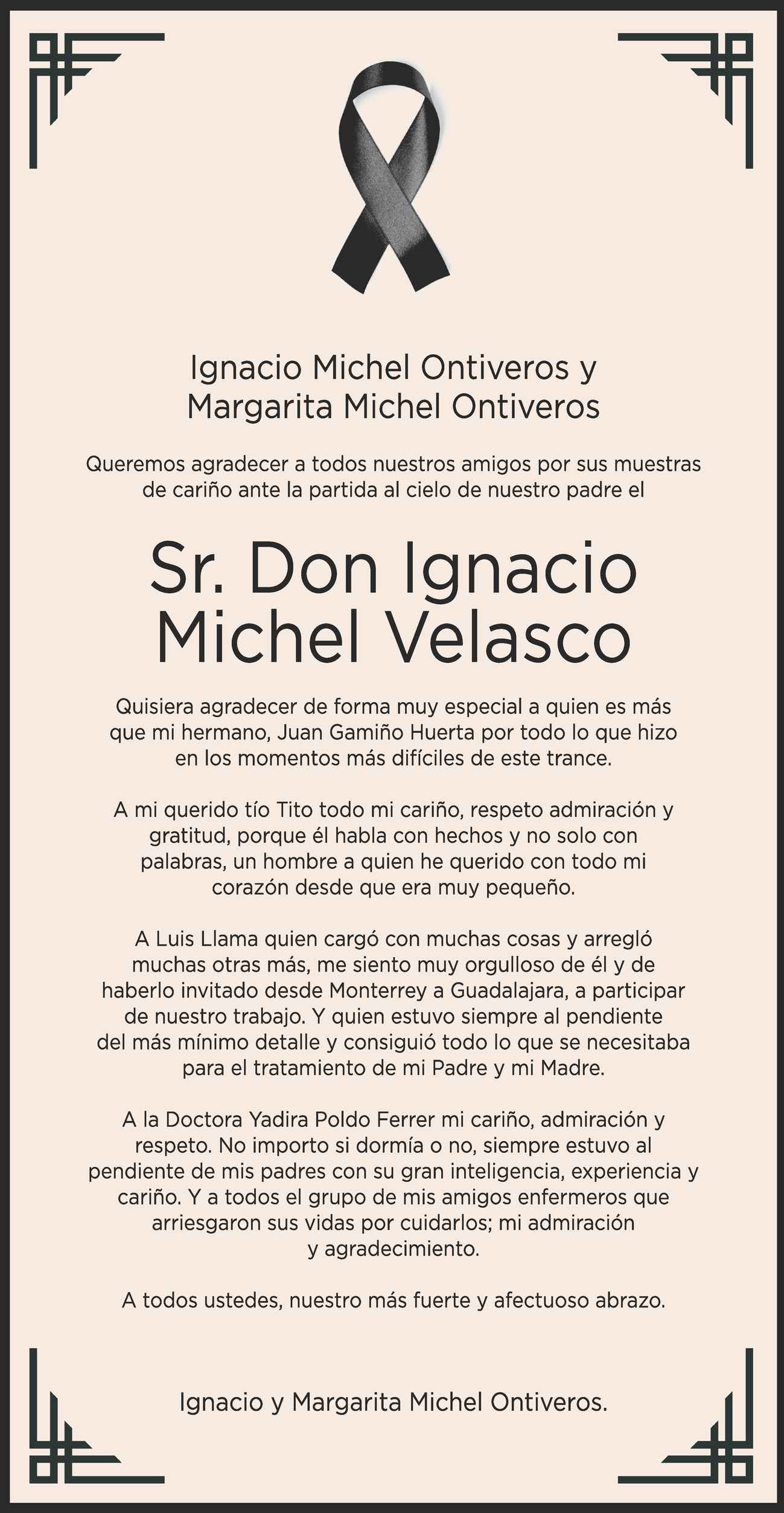 Ignacio Michel Velasco Obituario Esquela