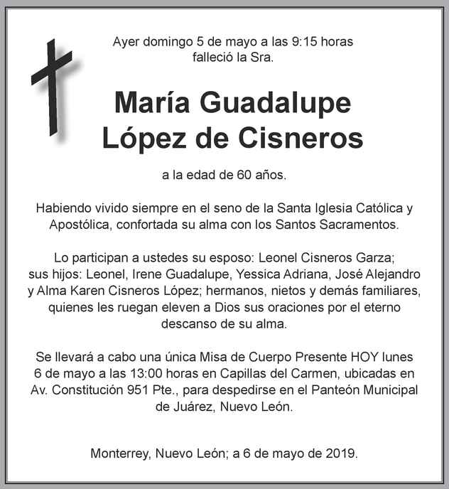 María Guadalupe López de Cisneros Obituario Esquela