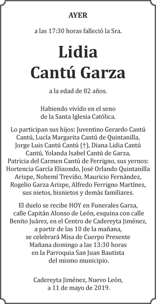 Señora Lidia Cantú Garza Obituario Esquela