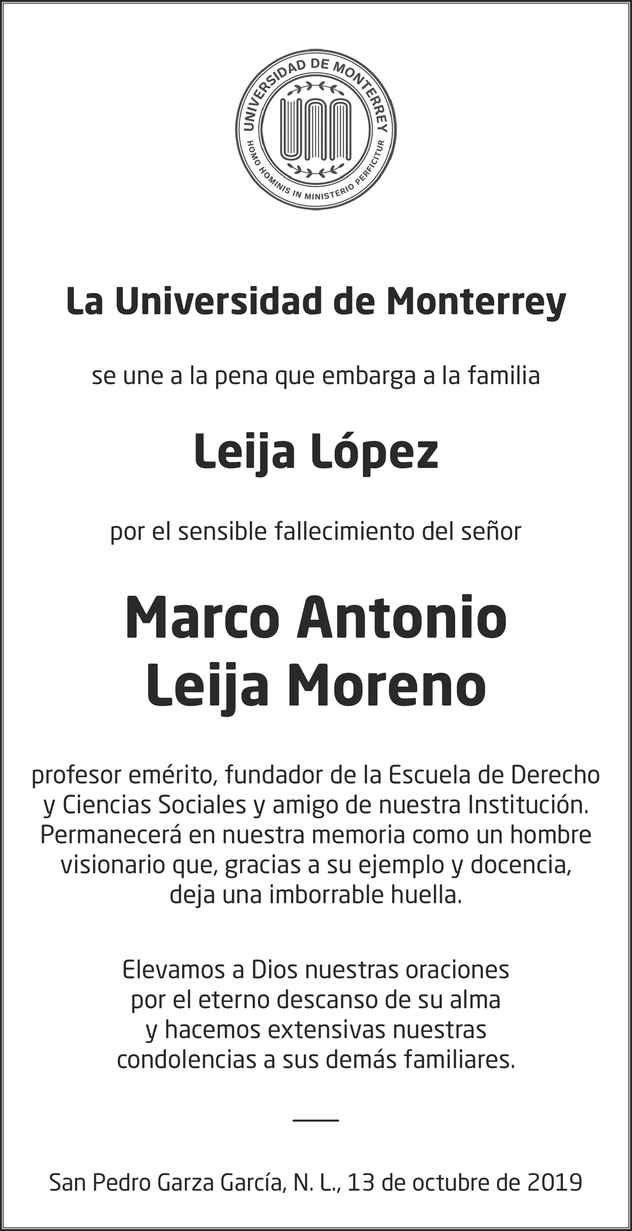 Lic Marco Antonio Leija Moreno Obituario Esquela