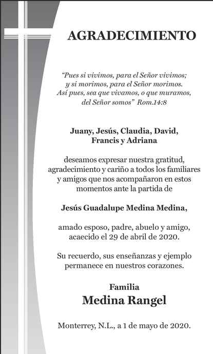 Jesús Guadalupe Medina Medina Obituario Esquela