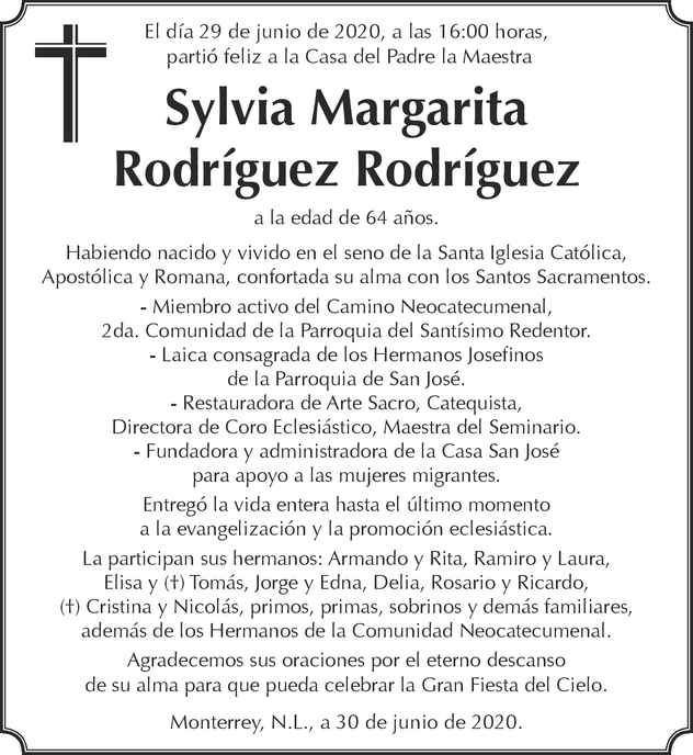 Maestra Sylvia Margarita Rodríguez Rodríguez Obituario Esquela