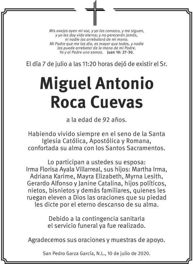 Señor Miguel Antonio Roca Cuevas Obituario Esquela