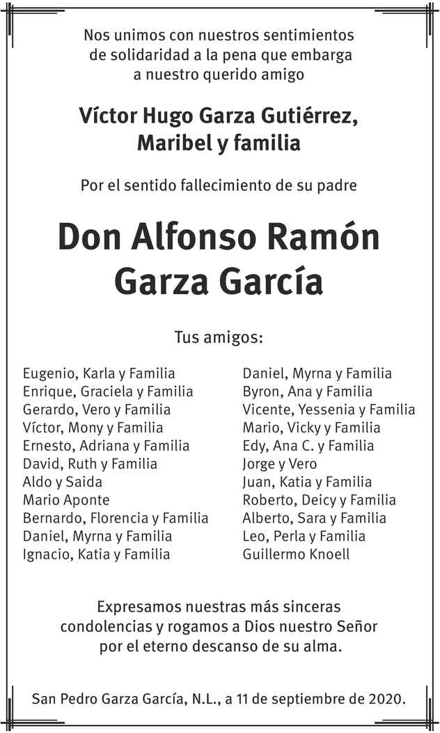 Don Alfonso Ramón Garza García Obituario Esquela