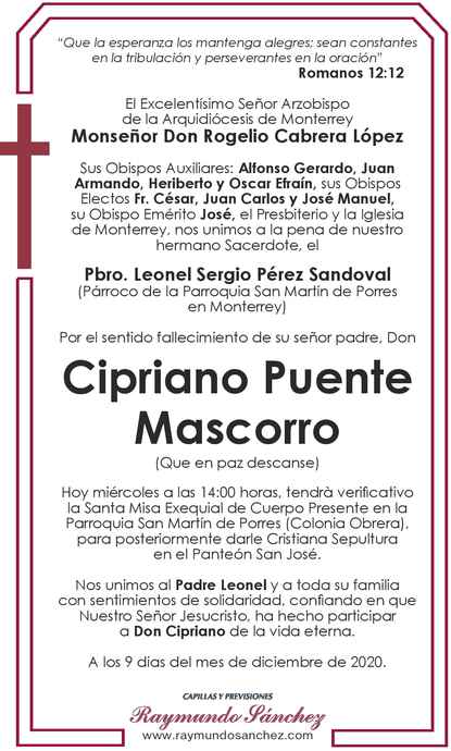 Cipriano Puente Mascorro Obituario Esquela