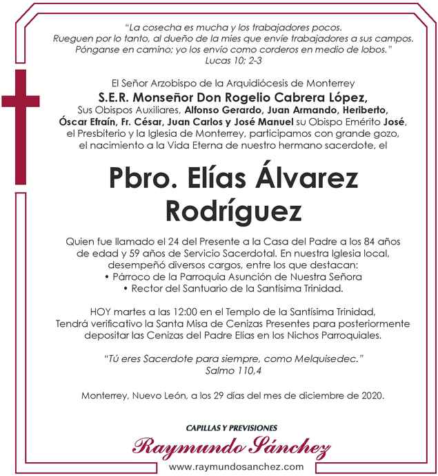 Pbro. Elías Álvarez Rodríguez Obituario Esquela