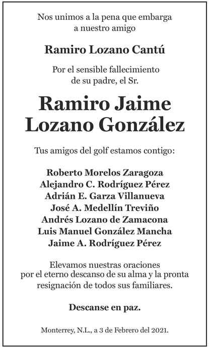 Senor Ramiro Jaime Lozano Gonzalez Obituario Esquela