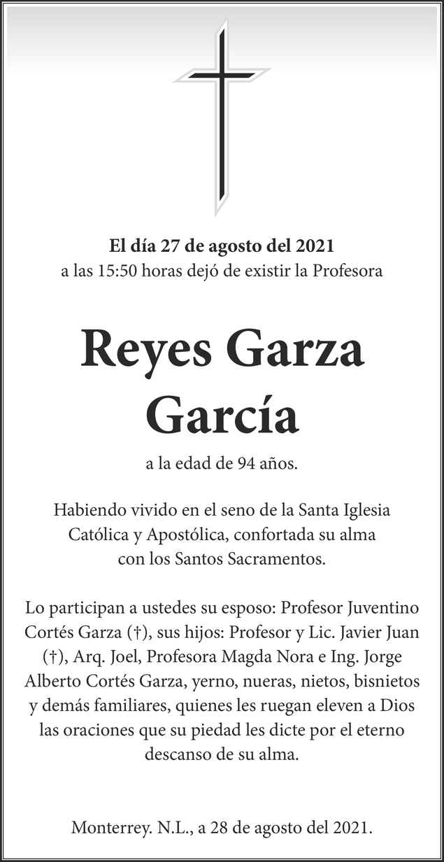 Profra. Reyes Garza Vda. de Cortés Obituario Esquela