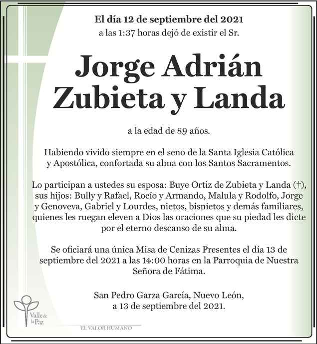 Señor Adrián Zubieta y Landa Obituario Esquela
