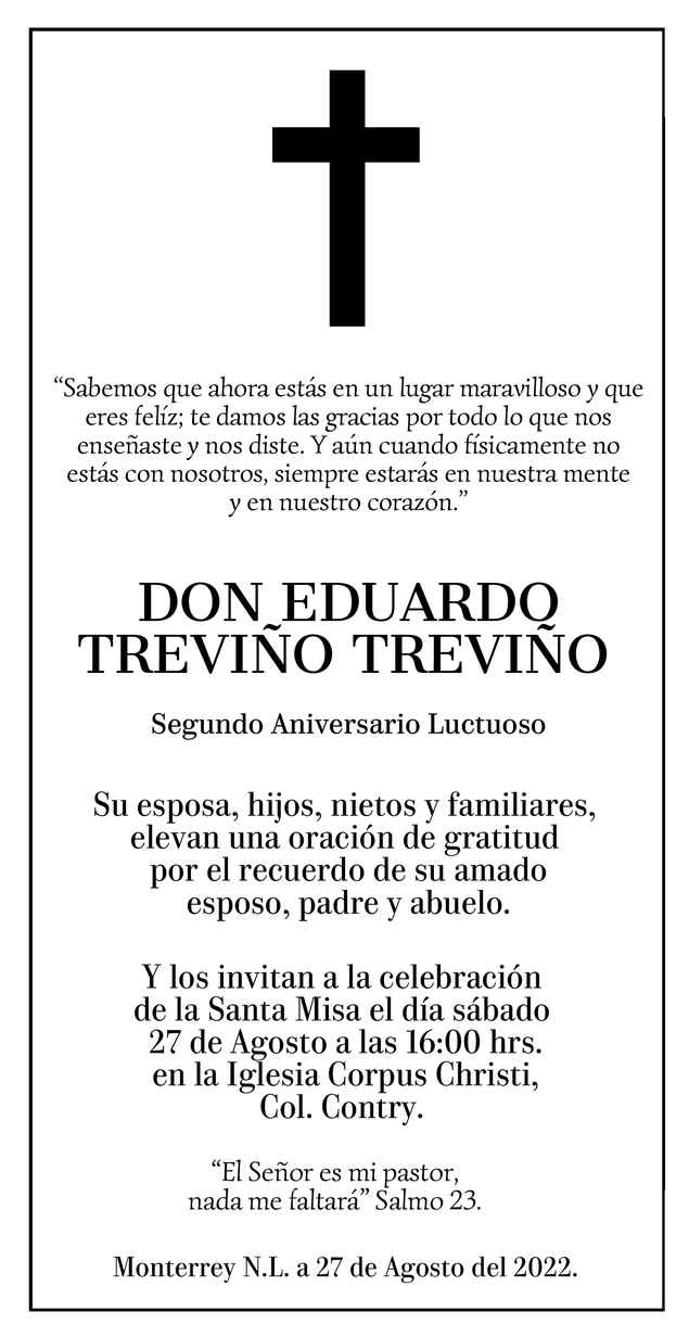 Don Eduardo Treviño Treviño Obituario Esquela