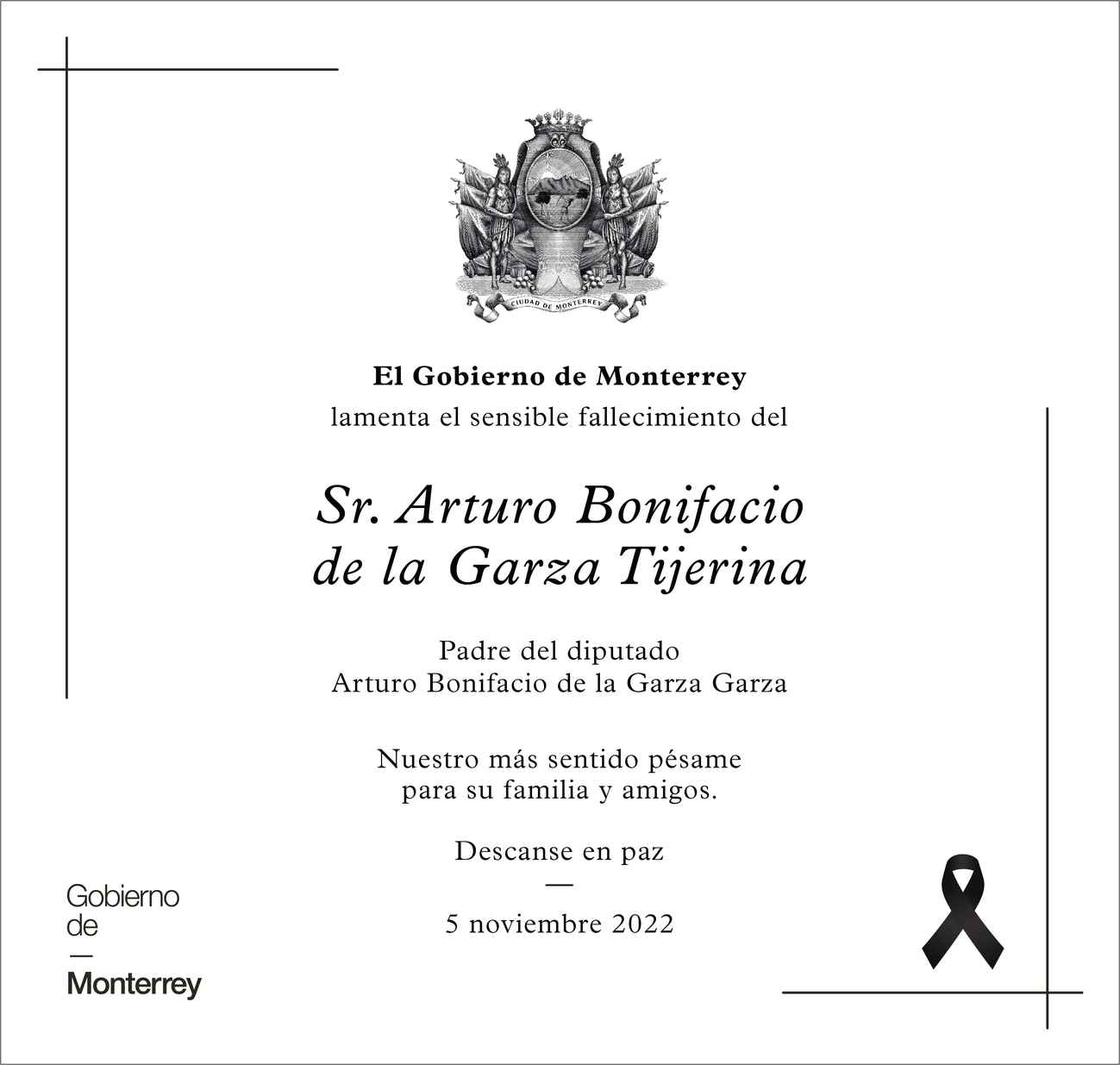 Sr. Arturo Bonifacio de la Garza Tijerina Obituario Esquela