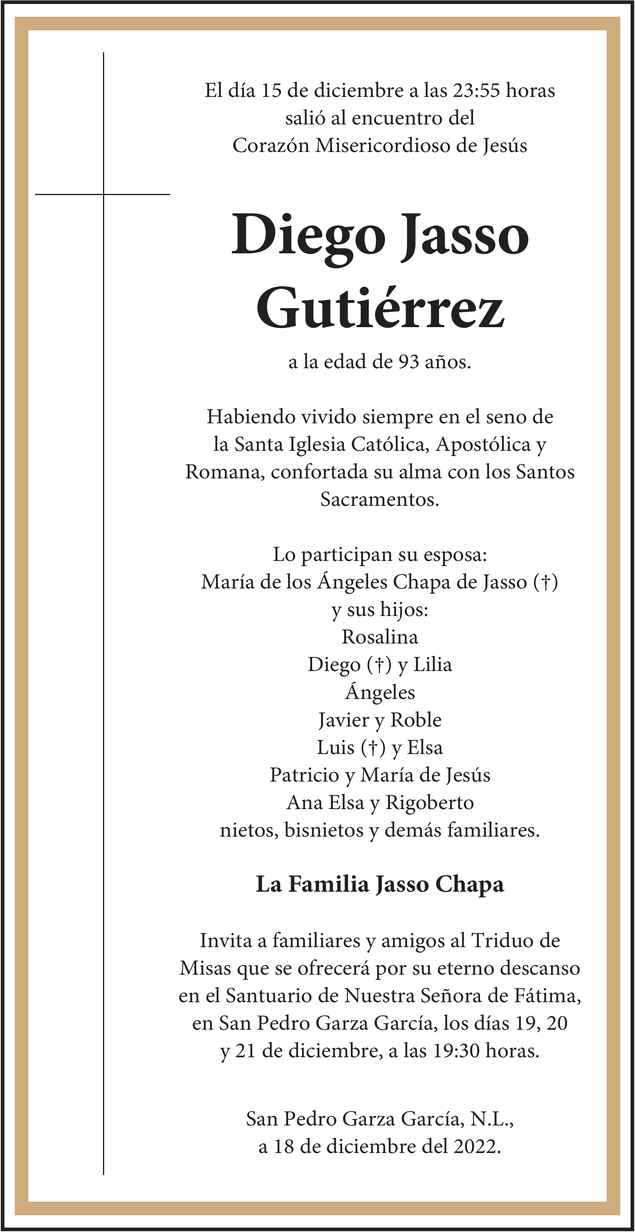 Don Diego Jasso Gutiérrez Obituario Esquela