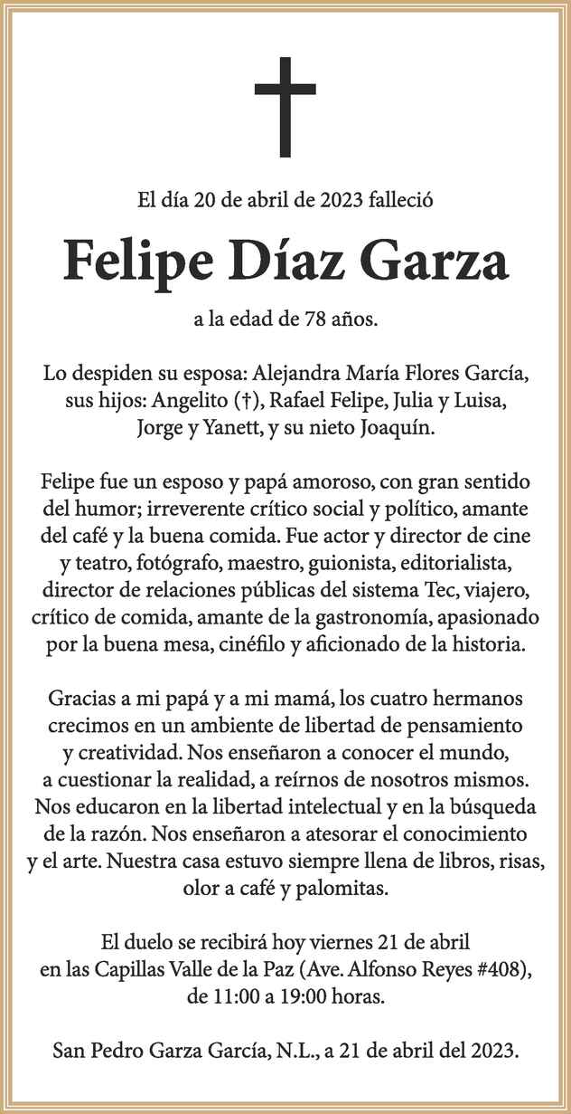 Felipe Díaz Garza Obituario Esquela