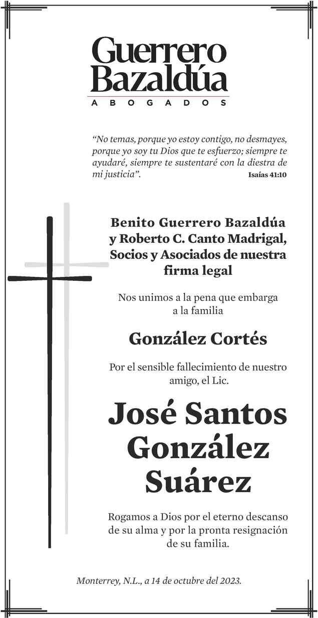 Lic. José Santos González Suárez Obituario Esquela
