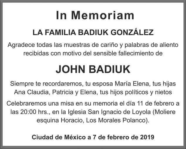 Senor John Badiuk Obituario Esquela