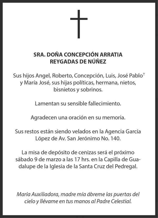 Señora Concepción Arritia De Núñez Obituario Esquela