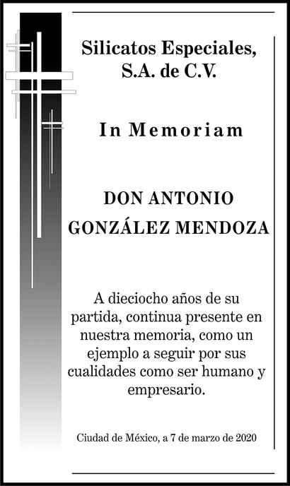 Don Antonio Gonzalez Mendoza Obituario Esquela