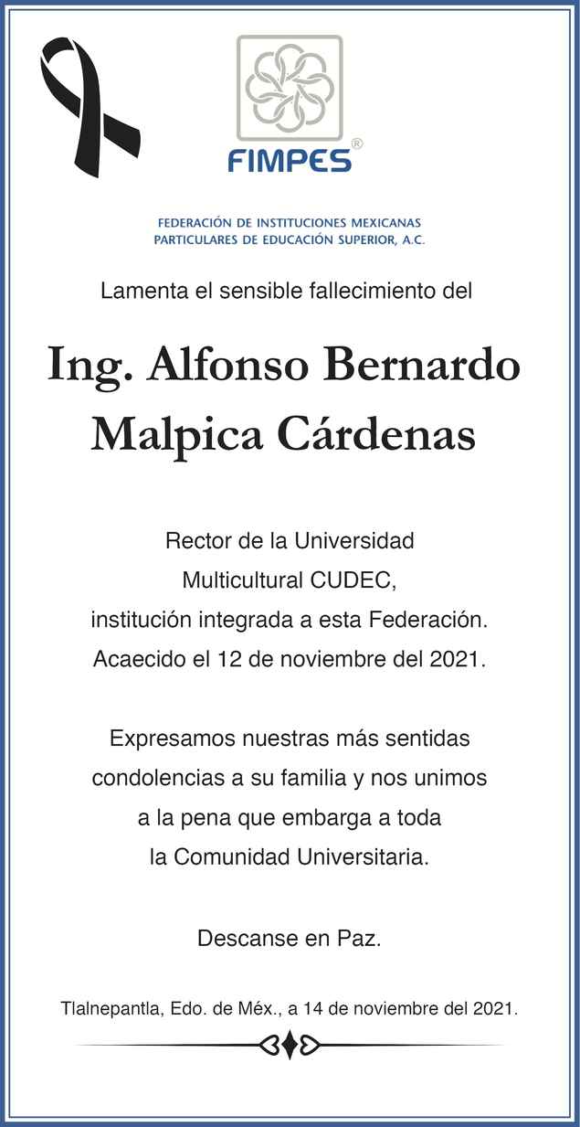 Señor Alfonso B Malpica Cárdenas Obituario Esquela