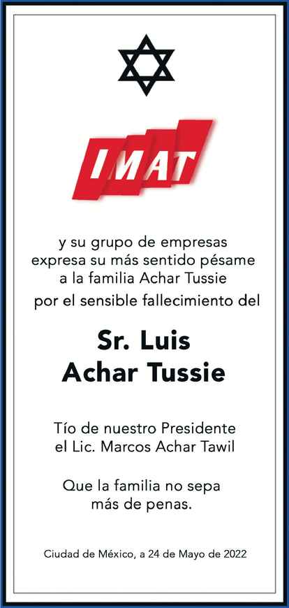 Señor Luis Achar Tussie Obituario Esquela